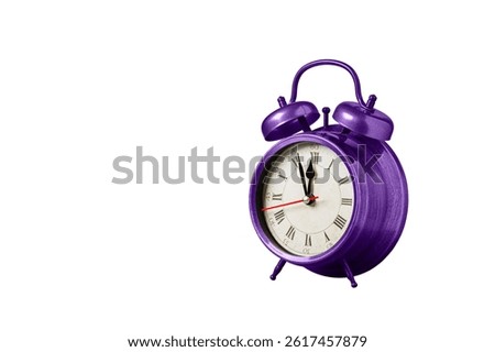 retro clock, watch, pointer clock, Purple, violet color alarm clock on isolated white background close up