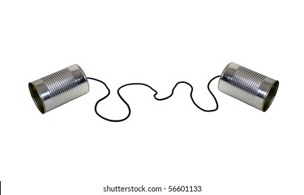 Retro communication shown by two tin cans on a string for a childs version of a telephone - path included