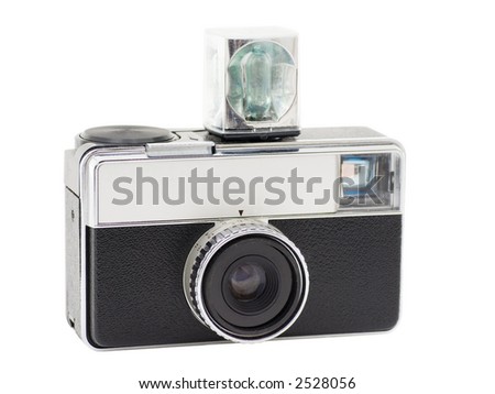 Retro Compact Camera with Flash Cube, isolated on white, with clipping path