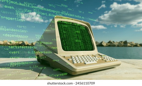 retro computer on a beach with data and code on screen
