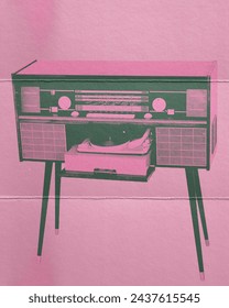 Retro console radio and record player on dual-tone background. Brochure image for an antique radio collectors fair. Concept of music, festival, creativity, retro and vintage. Creative design
