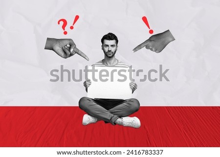 Retro creative artwork template collage of arms pointing bullying stressed guy holding poster empty space isolated painting background