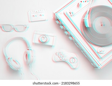 Retro Creative Layout. White Vinyl Record Player, Camera, Gamepad, Audio Cassette, Glasses, Headphones. Glitch Effect. Top View. Flat Lay