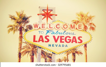 Retro cross processed photo of the Welcome To Las Vegas Sign, USA.