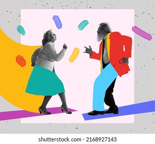 Retro dance. Bright contemporary art collage. Senior couple of dancers dressed in 70s, 80s fashion style dancing rock-and-roll, social dance on abstract background with drawings. Art, fashion and - Shutterstock ID 2168927143