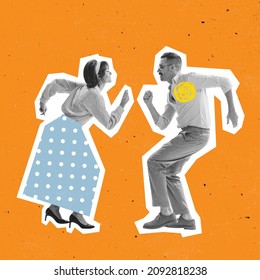 Retro dance. Couple of dnacer dressed in 70s, 80s fashion style dancing rock-and-roll on orange background with drawings. Contemporary art collage. Minimalism. Art, fashion and music. Magazine style - Shutterstock ID 2092818238