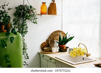 Retro Design Kitchen With White Sink And Green Refrigerator In A Wooden Rustic House With Cute Wood Decor, Concept Of A Simple Country Life