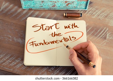 Retro effect and toned image of a woman hand writing a note with a fountain pen on a notebook. Handwritten text  START WITH THE FUNDAMENTALS, business success concept - Shutterstock ID 366166382