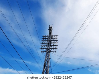 Retro electrical pole with multiple wire connections and a crown top under cloudy sky background.