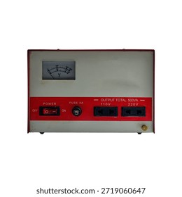 A retro electrical testing unit featuring a voltmeter gauge, a red control strip, on-off power switch, fuse indicator, and 110-220V outlets.