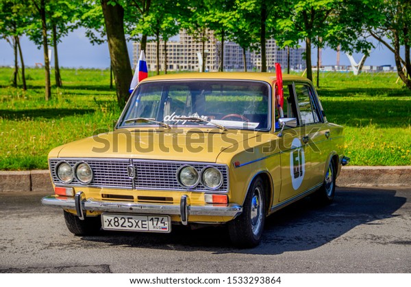 Retro exhibition of an old motor\
vehicle. Old transport. Russia, St. Petersburg May 25,\
2019