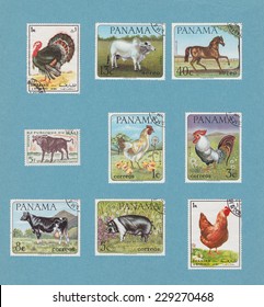 Retro farm animals postage stamps from different countries