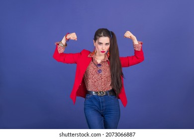 Retro fashion 90s 80s young woman in red jacket portrait, girl power gesture. - Powered by Shutterstock