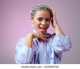 Retro fashion, black woman and happy portrait, unique makeup and neon style on pink studio background. Funky, bold and colorful young gen z girl, influencer and model with techno cyberpunk attitude - Shutterstock ID 2210454763