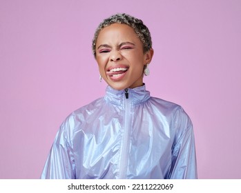 Retro Fashion, Black Woman And Tongue Out Portrait, Funny Face Or Flirting In Unique Makeup, Colorful Neon And Pink Studio Background. Crazy, Bold And Happy Gen Z Influencer Model In Techno Vaporwave