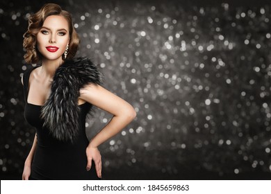 Retro Fashion Model In Black Dress Fur, Glamour Wave Hairstyle Makeup, Beauty Woman Portrait, Studio Dark Background