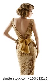 Retro Fashion Model Gold Dress, Woman Old Fashioned Beauty, Back View over White Background