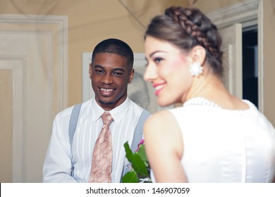 Retro Fashion Romantic Wedding Couple In Old Classic Interior. Mixed Race.