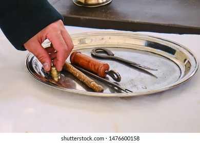 Retro Field Surgeon Tools 18th And 19th Century. Mobile Military Medicine, Vintage Hospital And Surgeon Hand.