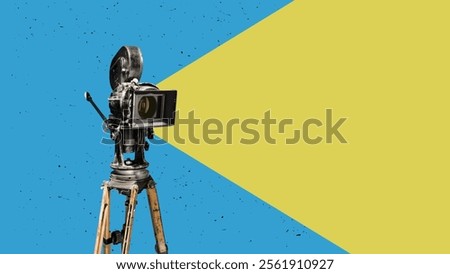 Retro film camera. Vintage cinema poster. Contemporary flat design art collag