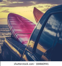 Retro Filtered Style Surfboards In A Truck At Sunset In Hawaii - Powered by Shutterstock