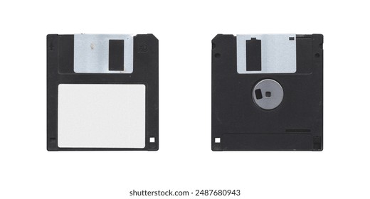 Retro 3.5” Floppy Disk with front and back side on white background, old vintage storage png diskette	