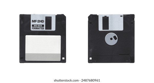 Retro 3.5” Floppy Disk with front and back side on white background, old vintage storage png diskette	
