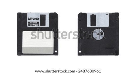 Retro 3.5” Floppy Disk with front and back side on white background, old vintage storage png diskette	