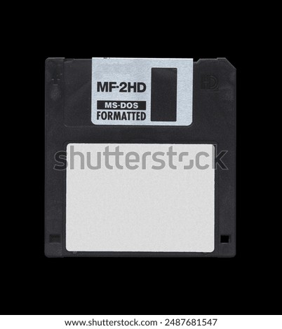 Retro 3.5” Floppy Disk mockup with white empty label sticker, disk on black background, old vintage storage png diskette