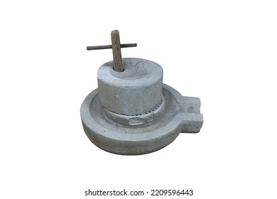 Retro Flour Milling Machine By Grinding Mortar Made From Cement Or Stone Isolated On White Background.  Stone Mill In Thailand Is Type Of Stone Grinding Machine Used For Grinding Thai Desserts.