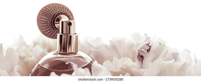 Retro Fragrance Bottle As Luxury Perfume Product On Background Of Peony Flowers, Parfum Ad And Beauty Branding Design
