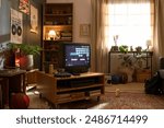 Retro gaming setup with old-fashioned TV, gaming console, and nostalgic decor in cozy living room with no people