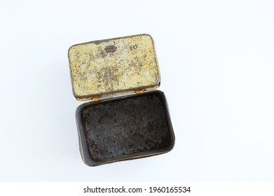 Retro Gray Yellow Metal Box Shabby With Rust And Scuffs.