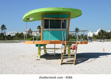 retro green, blue and orange lifeguard shack