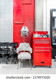 Retro Hair Dryer In A Beauty Salon. Vintage Hair Salon Interior Business