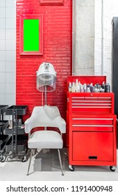 Retro Hair Dryer In A Beauty Salon. Vintage Hair Salon Interior Business . Indoor Frame Mockup.