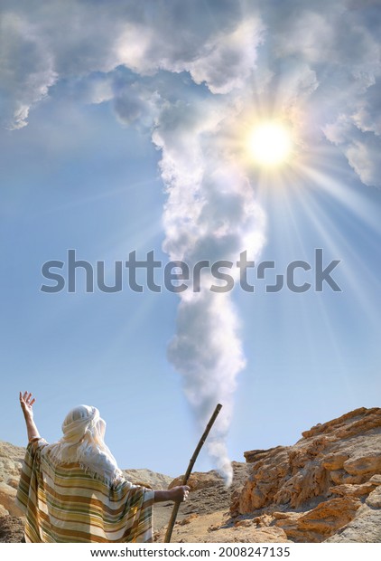 Retro holy Jesus Christ adult age egypt wise\
saint male human rise arm back light cloudy view. Middle east jew\
robe cloth Lord law torah story magic israelite hold wooden wand\
rod cane symbol concept