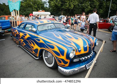 Retro hot rod car tuning show.Custom painted classic American vehicle with orange flames. MOSCOW-7 AUGUST,2016: