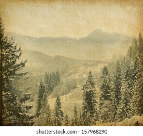 Retro Image Of Winter Landscape In The Carpathians Mountains. Vintage Paper .