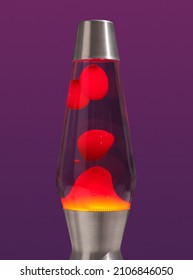 Retro Lava Lamp On Dark Purple Background. Unique And Calming Traceries. Decor Of Comfort And Fantasy.