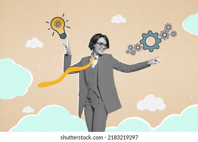 Retro Magazine Collage Of Smart Entrepreneur Solving Dilemma Have Incredible Idea Cog Wheel Isolated Sky Draw Background