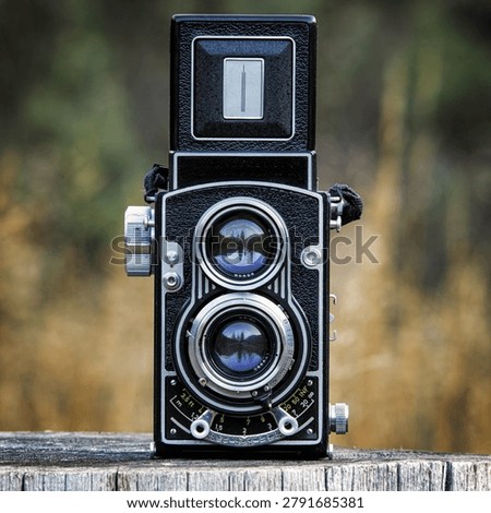 Retro medium format camera standing on a wooden surface, reflecting forest trees in its lenses