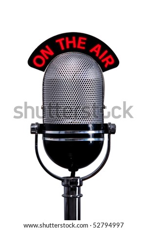 Retro microphone with On the Air sign, isolated on a white background.