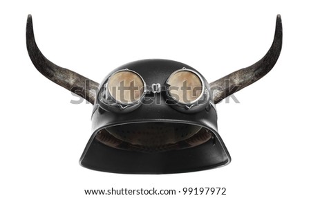 Retro motorcycle helmet with bull long horns.