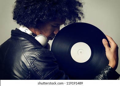 Retro Music Dj Portrait With Old Vinyl Record