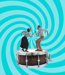 Retro Music, Vintage Style. Contemporary Art Collage Of Dancing Man And Woman On Drum Isolated Over Blue Hypnotic Background. Concept Of Art, Music, Fashion, Party, Creativity And Ad