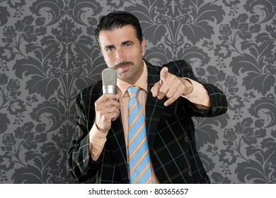 Retro Mustache Singer Man Tacky Suit On Vintage Wallpaper Background