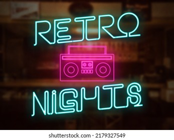 A Retro Nights Neon Sign In Front Of A Bar Or Pub. A Pink Cassette Player Graphic. Nightlife Throwback 70s 80s 90s Party Concept. Neon Pink And Teal Colors.