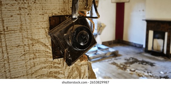 Retro obsolete light switch fitting in abandoned house. Derelict bulb controls broken hanging off wall. Bygone war-time era home in focus with background fireplace. Empty room, landlord disrepair.
