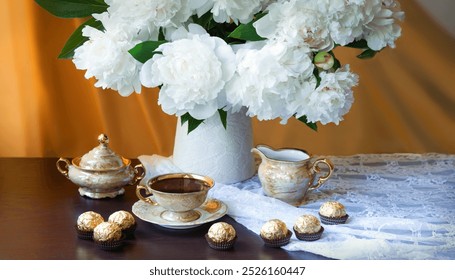 Retro old antique rustic break lunch praline snack meal cream jar bowl plate spring cafe bar board desk text space. light fresh rose floral leaf plant bloom bud petal rest relax service art still life - Powered by Shutterstock